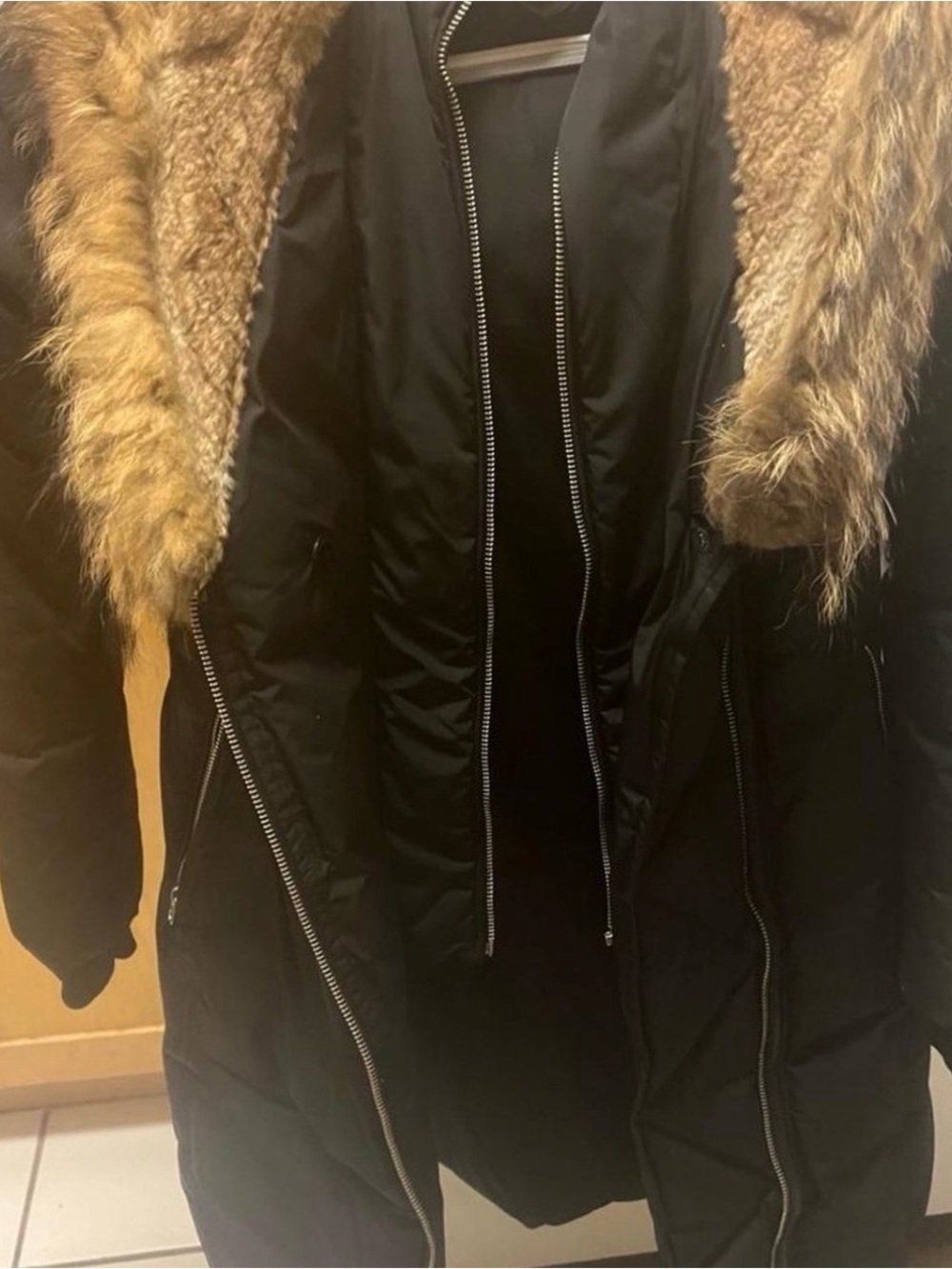 Mackage Black Puffer Coat with Tan Faux Fur Hood Trim